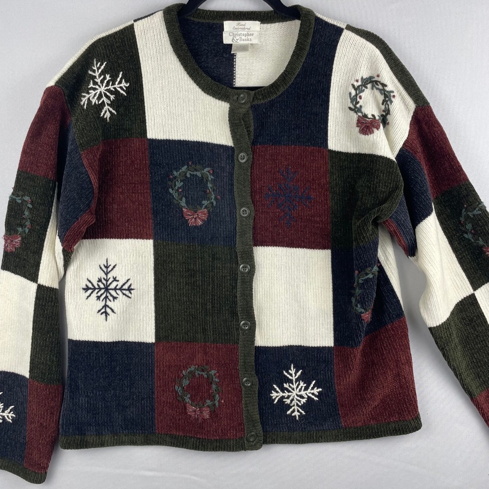 Christopher & Banks Women's L Christmas Cardigan Patchwork Embroidered Holiday
